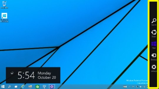 Windows 10 Technical Previewの右エッジスワイプによる「チャーム」表示