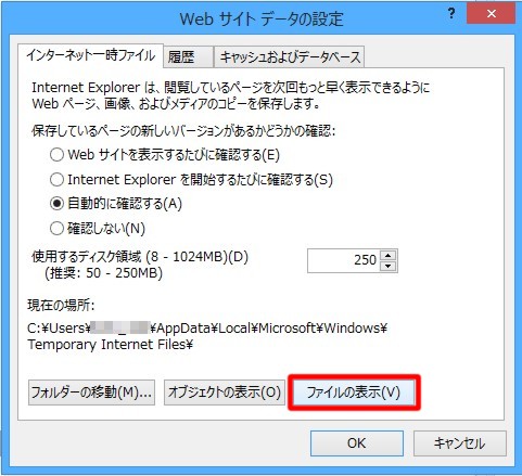 デスクトップスタイルInternet Explorerの一時ファイルのフォルダー「Temporary Internet Files」を表示したい